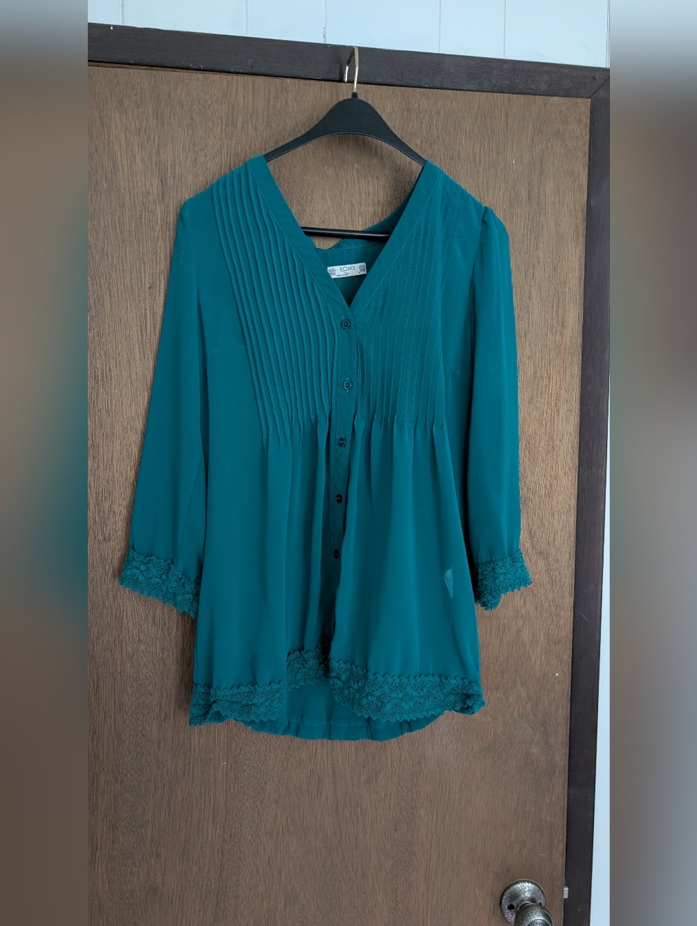 Romy Teal Button-Front Women’s Blouse with Lace Trim